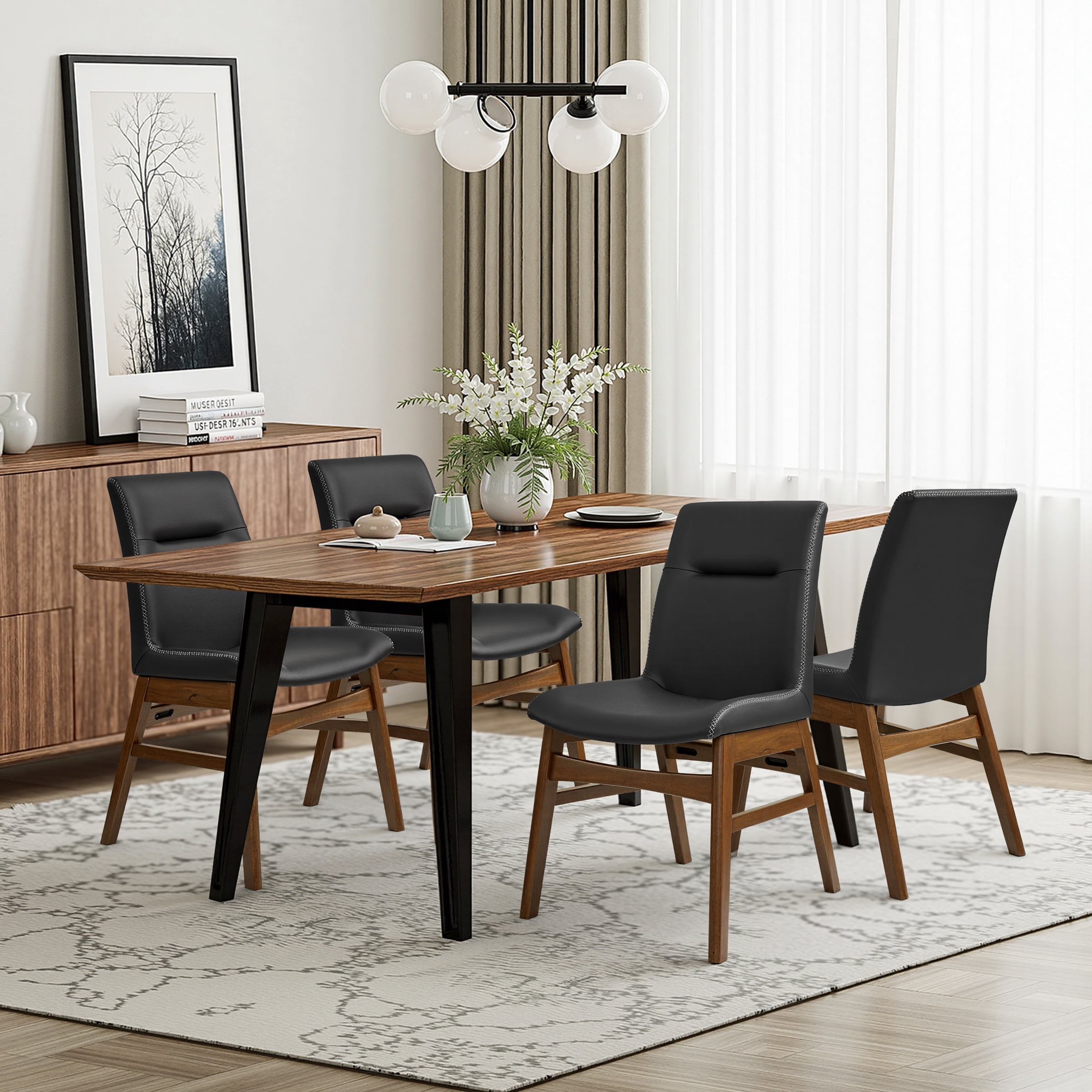 DyFun Leather Dining Chairs Set of 2 with Solid Wood Legs and Elegant Stitching for Kitchen and Dining Room, Black