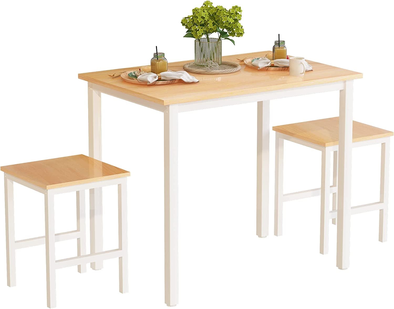 LinkRomat 3 Piece Dining Room Table Set for 2, 47" Farmhouse Dining Table with Benches, Rectangular Kitchen Sets for Small Space, Apartment, Restaurant, White & Walnut