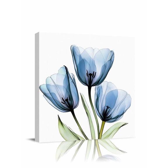Blue Tulip Canvas Wall Art, Transparent Flowers Minimalist Modern Art Framed Wall Decor Modern Artwork Prints Painting for Living Room, Bedroom, Kitchen & Cafe Decor 8x8 Inch