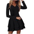 thumbnail image 1 of Pompotops Women Fashion Solid Color Sexy V Neck Ruffle Long Sleeve Dress, 1 of 4