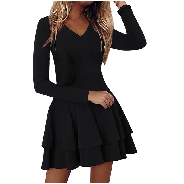 Pompotops Women Fashion Solid Color Sexy V Neck Ruffle Long Sleeve Dress