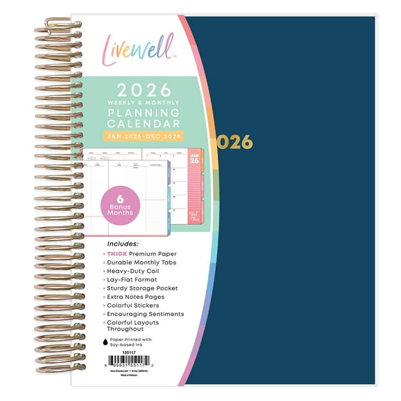 Blue Sky Livewell 2026 Daily and Monthly Planner Calendar, January 2026 - December 2026, 7" x 9", Flexible Laminated Cover, Heavy Duty Binding, Colorful Premium Paper, Storage Pocket, Stickers, Navy