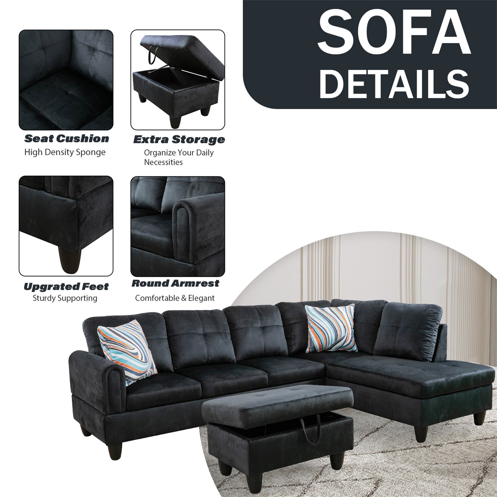 Aukfa 3 Piece Sectional Sofa with Storage Ottoman for Living Room, L Shape Couch, Right Hand, Black