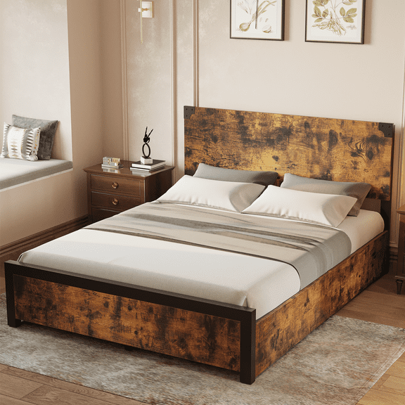 Rustic Brown Platform Bed Frame with Wooden Headboard – Noise Free Metal Legs, Under-Bed Storage, No Box Spring Required, Easy Assembly
