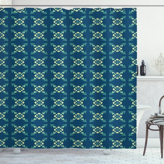 Geometric Shower Curtain, Repetitive Design Elements Modern Geometrical Shapes Abstract, Fabric Bathroom Set with Hooks, 69W X 75L Inches Long, Dark Sky Blue and Pale Green, by Ambesonne