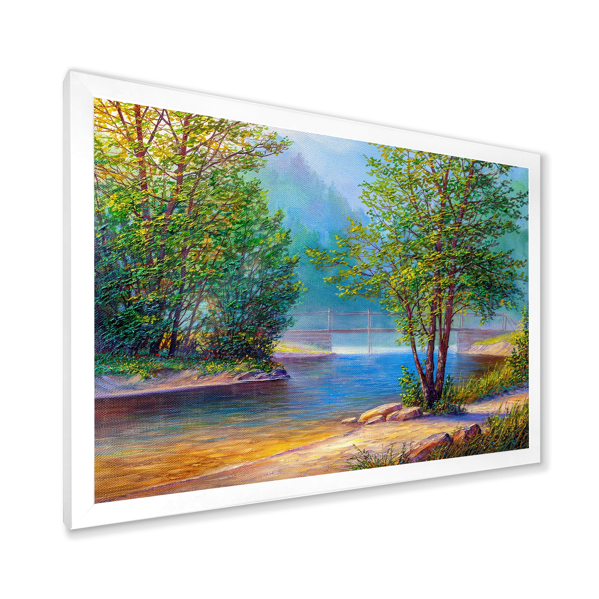 Designart 'Green Trees By The Bridge Over River' Traditional Framed Art Print