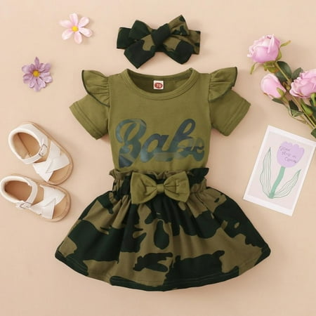 

LOVEBAY 0-18M 3Pcs/Set Infant Baby Girls Skirt Set Summer Outfit Ruffled Short Sleeve Romper Bodysuit+Camouflage Tutu Skirt+Bow Headband (Green)