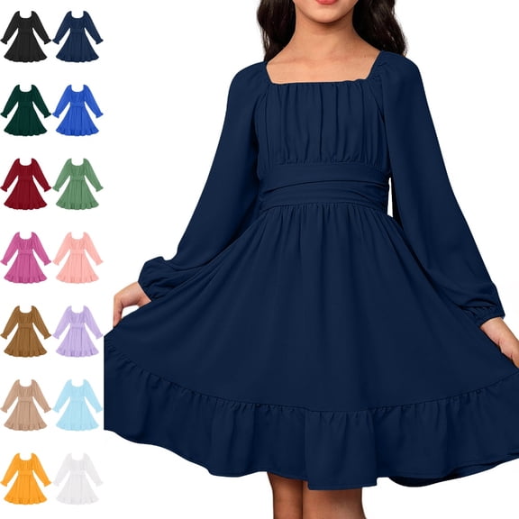 Bmisegm Girls' Dresses Square Neck Long Sleeve Puff Ruffle Hem Tie Waist A Line Swing Dress Casual Girls Dress 10-11 Years
