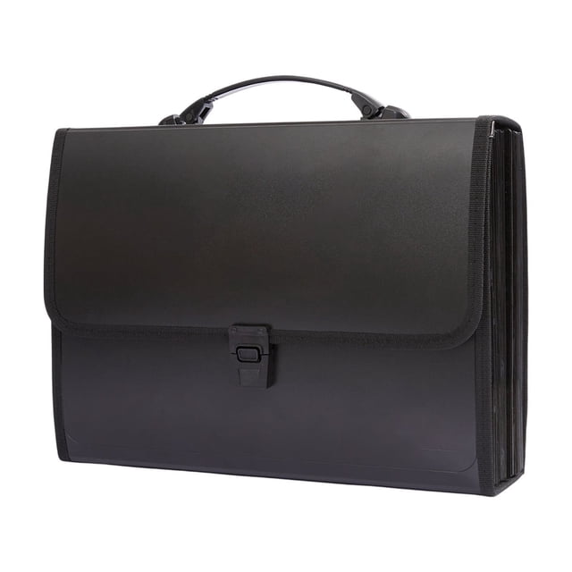 Black 26 Compartment Polypropylene Expanding File Organizer Tote With Snap Closure Sticker Labels For A4 Documents Office School 13.2X9.7X2.8 Inch
