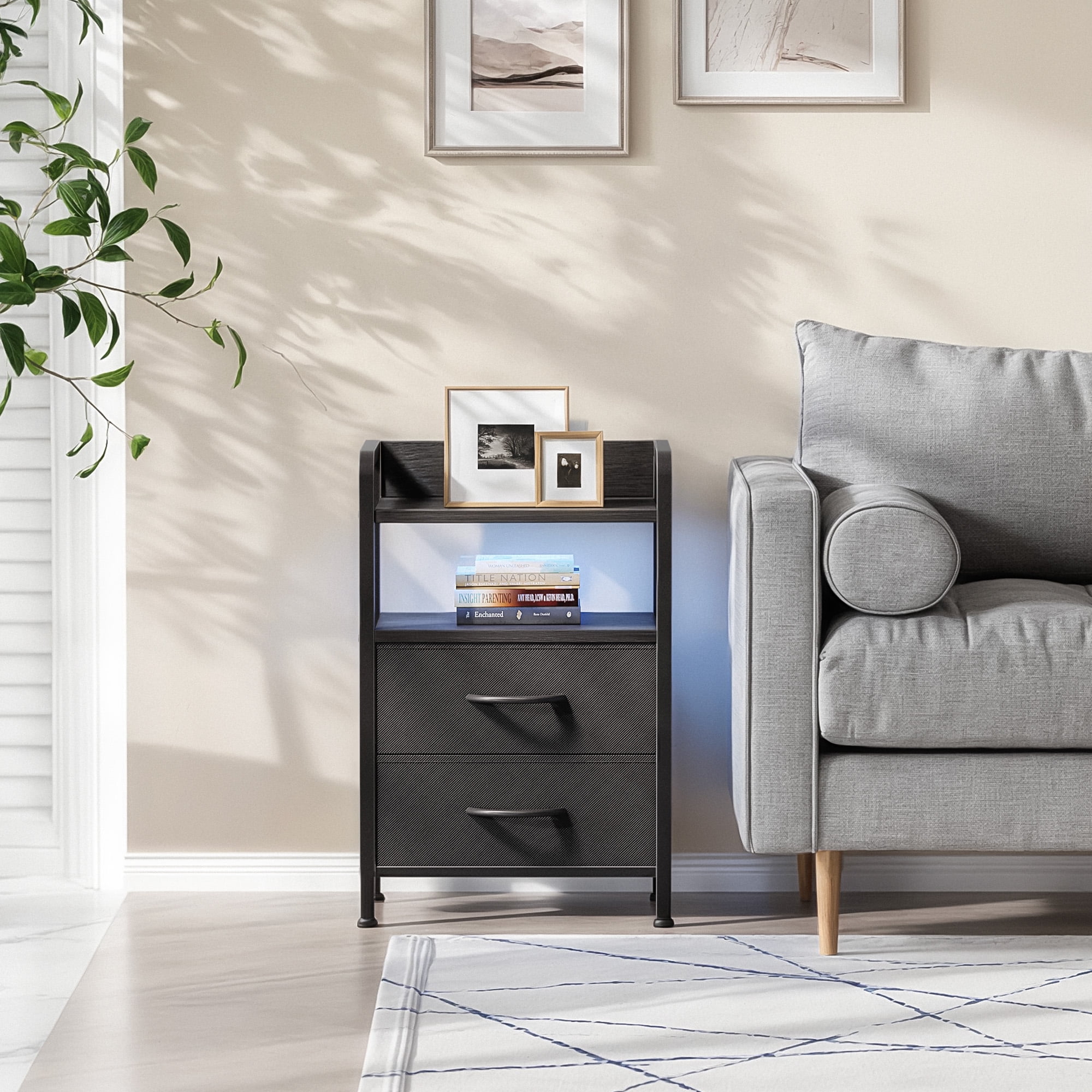 Bestco LED Nightstand End Table with Charging Station & 2 Drawers for Bedroom Black