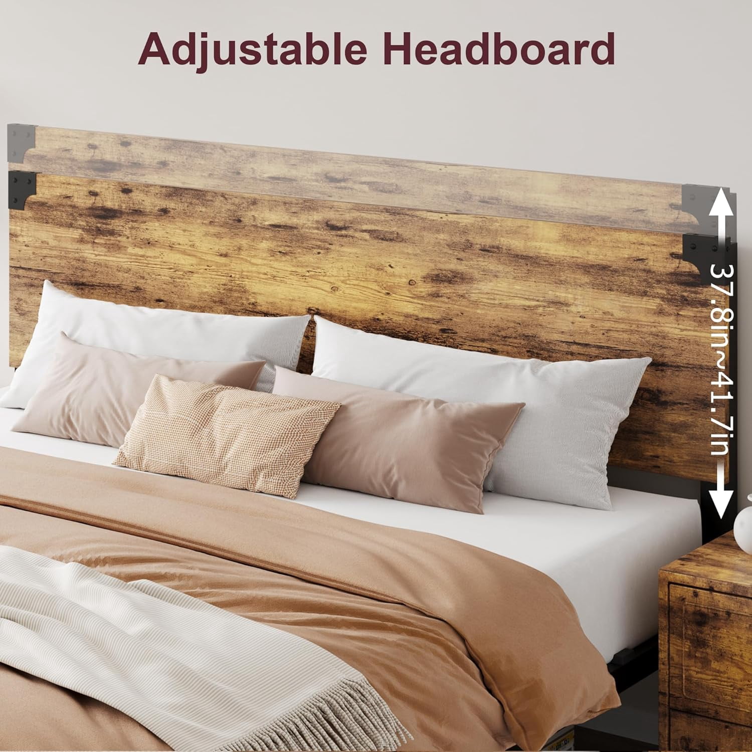 King Size Bed Frame with Wooden Headboard – Features a Platform Design with Under-Bed Storage and Metal Legs. Noise-Free Operation, No Box Spring Required, and Easy Assembly – Rustic Brown