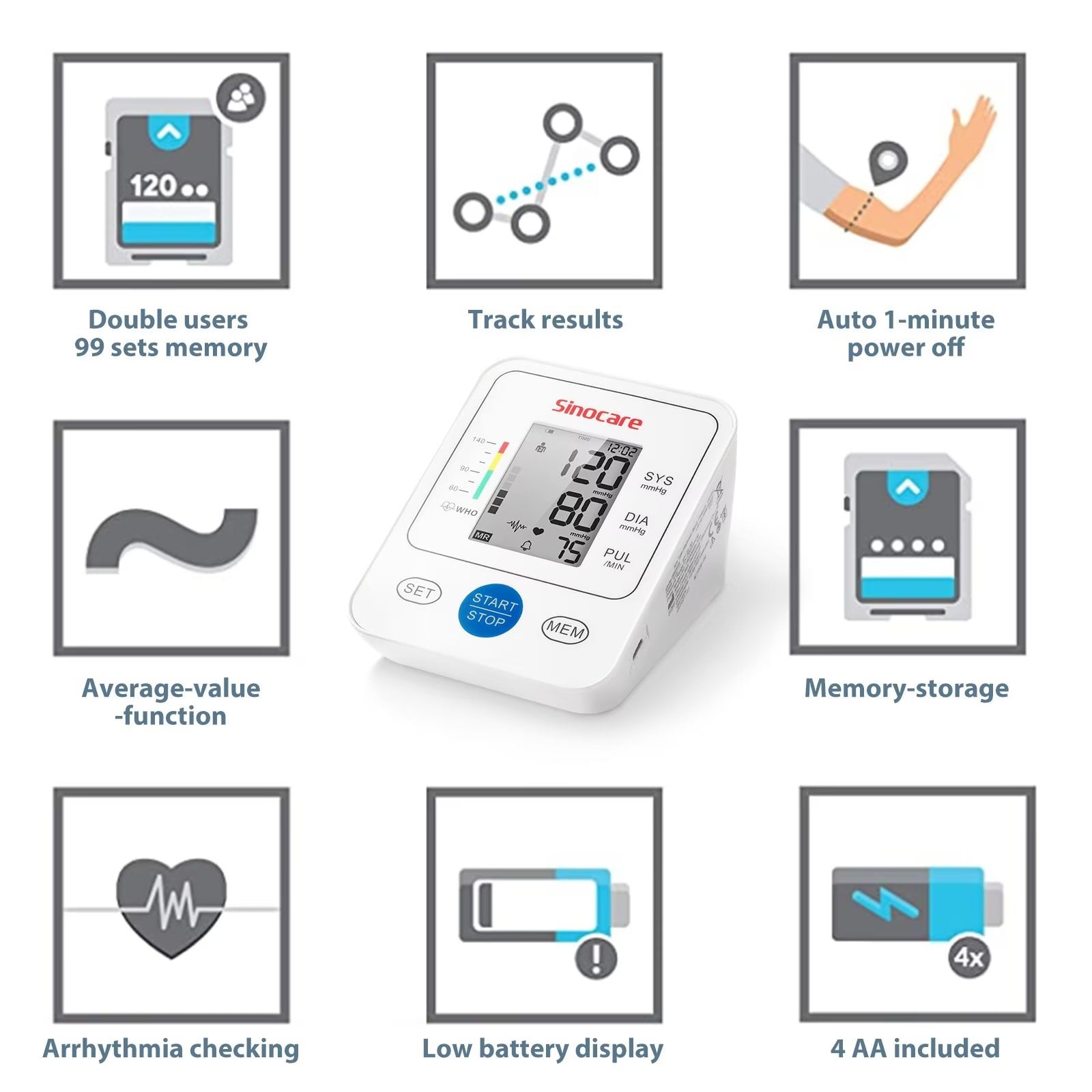 Sinocare Monitor della pressione arteriosa braccio superiore tensiometro  macchina digitale automatica BP Sphygmomanometer frequenza cardiaca impulso  2x90 memoria - AliExpress