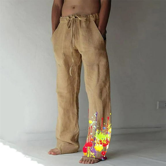 Lilgiuy Men's Summer Cotton Linen Wide Leg Pants Printed Lace Up Leisure Sports Holiday Pants Slim Skinny Fit Business Pant