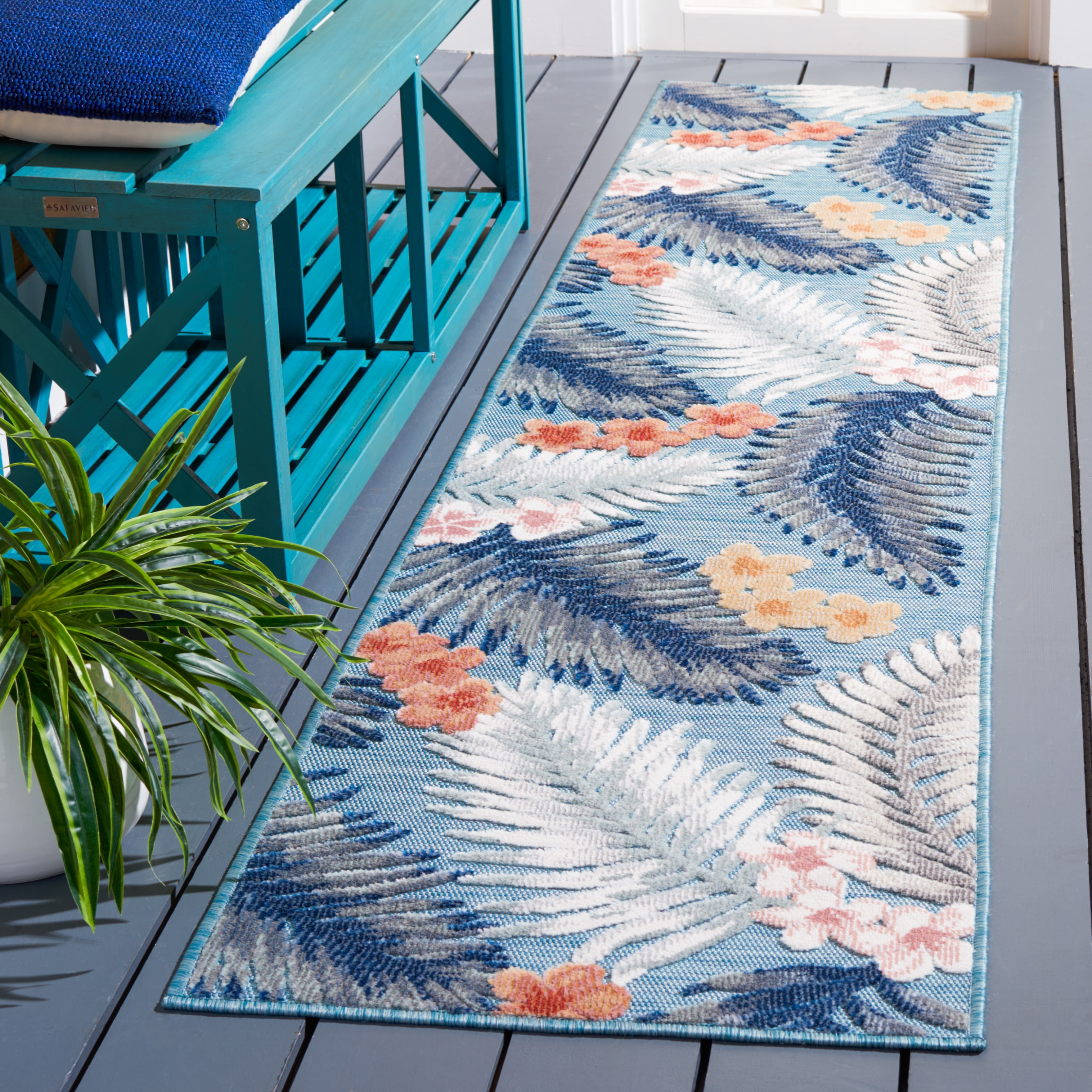 SAFAVIEH Cabana Kade Botanical Indoor/Outdoor Runner Rug, Aqua/Ivory, 2' x 5'