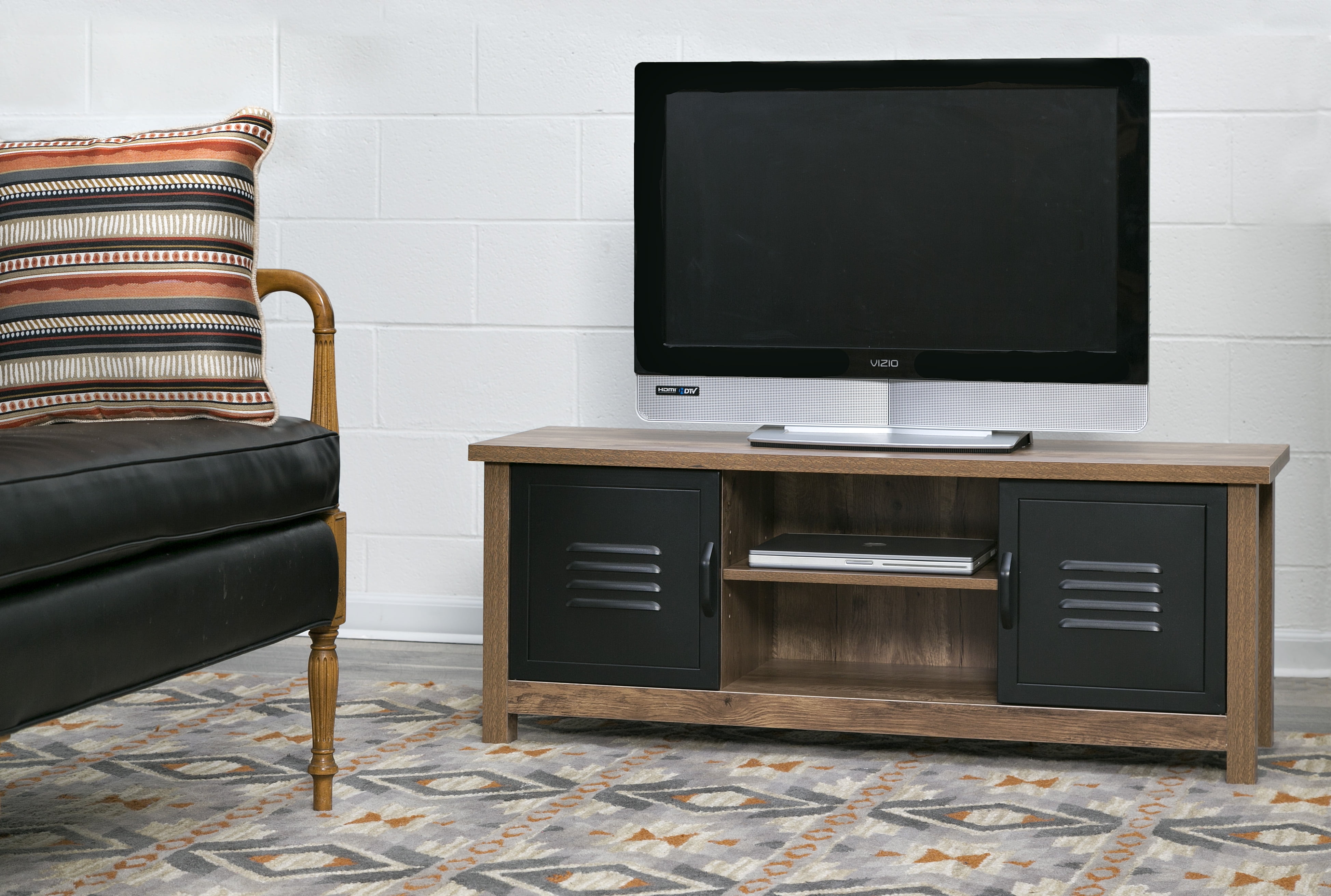 Norwood Range TV Stand Entertainment Center, Wood & Black Metal