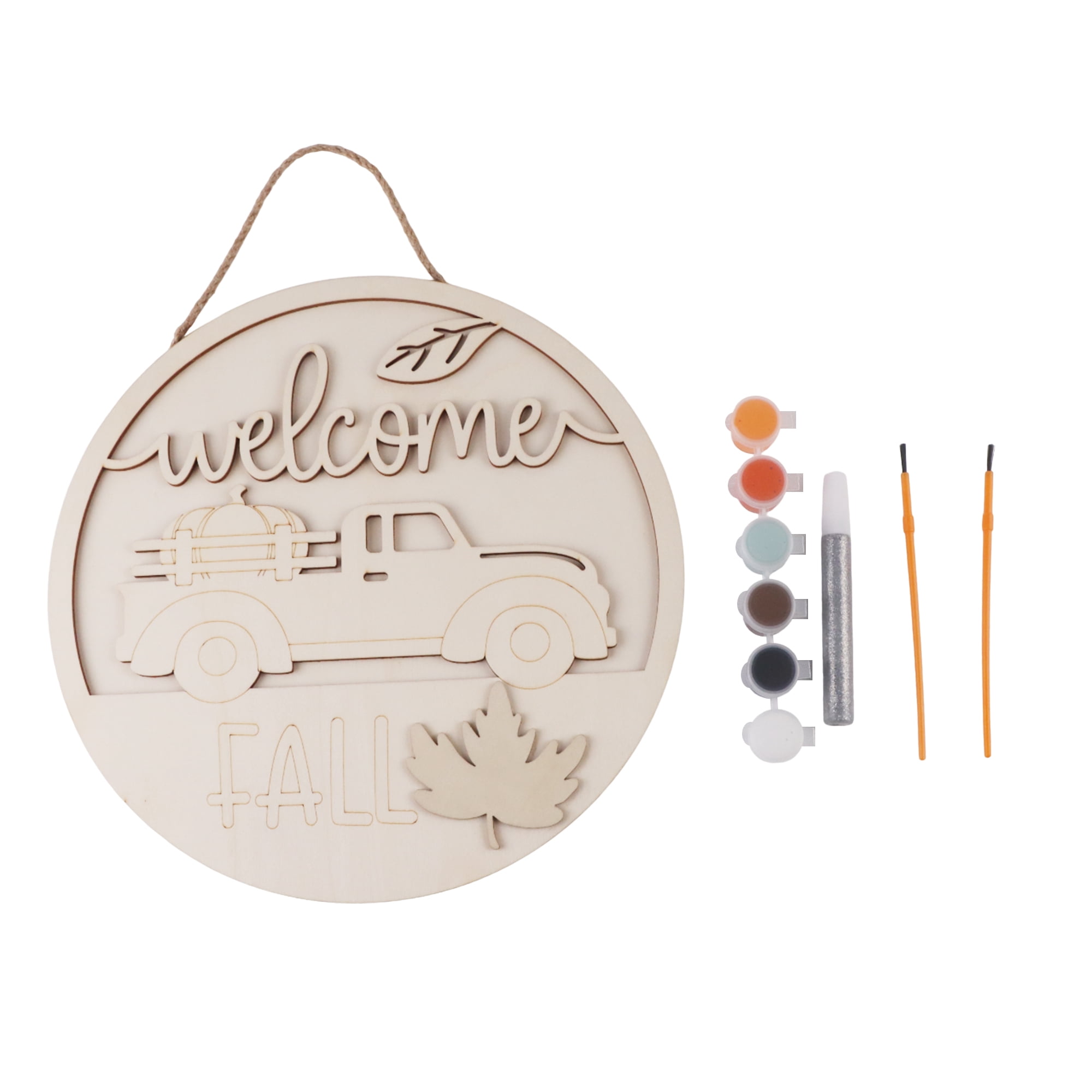 Front Door Hanging Decor, Wooden Welcome Fall Crafting Decor with Paint Kit, 11.8 x 11.8 Inches