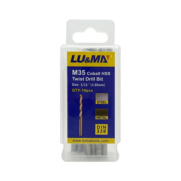 3/16" M35 Cobalt HSS Jobber Length Twist Drill Bit with Straight Shank,Heavy Duty, Pack of 10 PCS, Drilling for Cast Iron, Heat-Treated Steel, Stainless Steel and Other Hard Materials