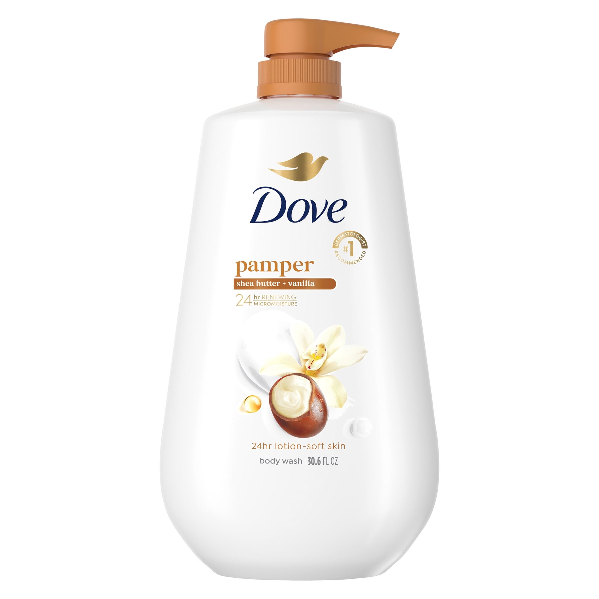Dove Body Wash With Pump For 24hr Lotion-Soft Skin Pamper Shea Butter & Vanilla Moisturizing Skin Cleanser With No Sulfates No Parabens ,30.6 fl oz