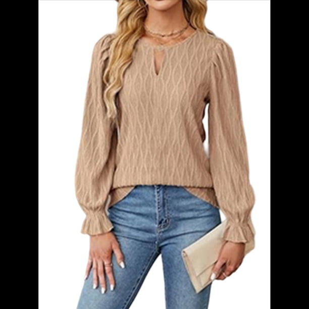 Camisa Formal Informal de Larga para Mujer, Estilo Ejecutivo, con Escote en V, para Trabajo, Moda de Otoño Caqui L