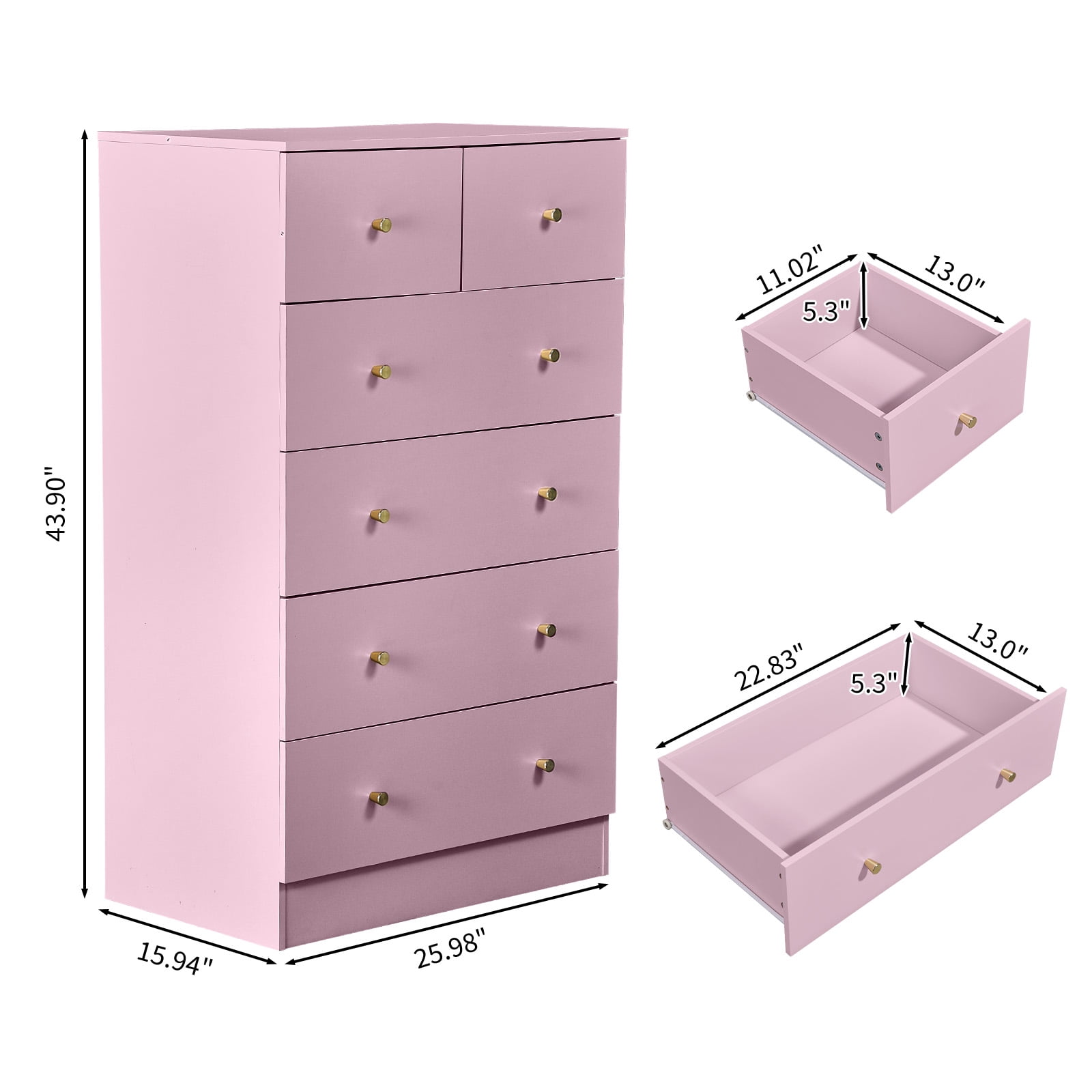Macaroon 5 Drawer Cabinet, Matte Gold Handles Linen-Textured Particle Board Cabinet, Space-Saving Storage Organizer for Bedroom Home Office Living Area