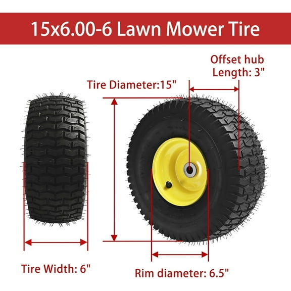 15x6.00-6 Lawn Mower Tires - Yellow Wheel for /John Deere/Cub Cadet Riding Mowers, 4 Ply Tubeless with 3" Offset Hub and 3/4" Bushing