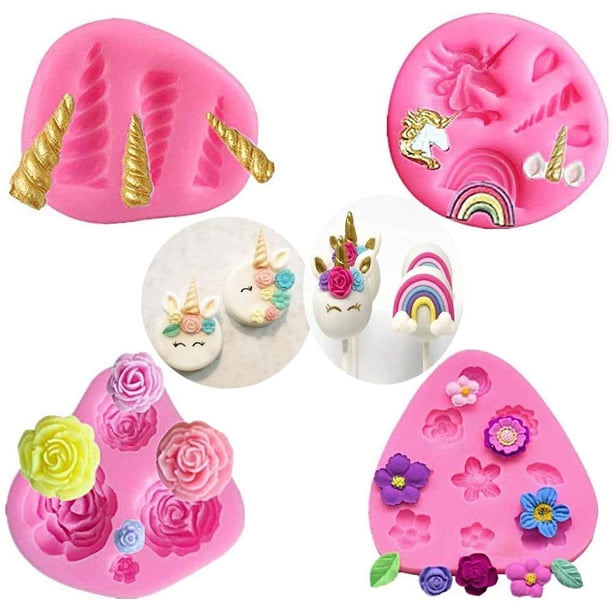 Mini molde de silicona de unicornio, cuerno de orejas de unicornio, flores y hojas de arcoíris, molde de chocolate fondant para cupcakes para cumpleaños de unicornio y niños (juego de 4) Fokelyi WLJ-2318