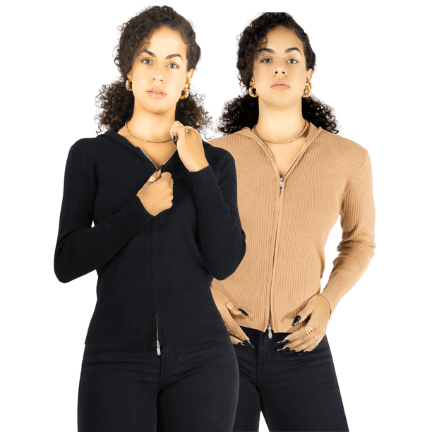 Set De Dos Suéteres Cárdigan De Manga Larga Cuello Cierre y Capucha Casual Mujer Sweater