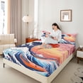 thumbnail image 4 of Homewish Japanese Ukiyo-E Twin Sheet Sets,Ocean Sea Wave Twin Fitted Sheet,Orange Sunset Flat Sheet For Girl Kids,Luxury Bedroom Decor,3 Pieces, 4 of 7