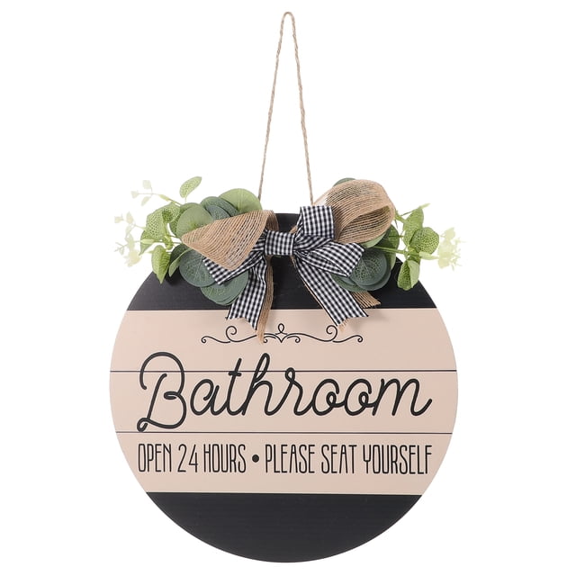 Decoración de pared para baño, estilo rústico, letrero para puerta de baño, estilo granja, divertida corona colgante, placa de madera, letrero abierto las 24 horas