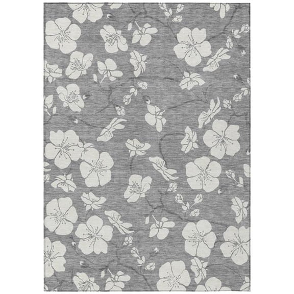 HomeRoots 599887 5 x 8 ft. Gray & Ivory Floral Washable Indoor & Outdoor Rectangle Area Rug