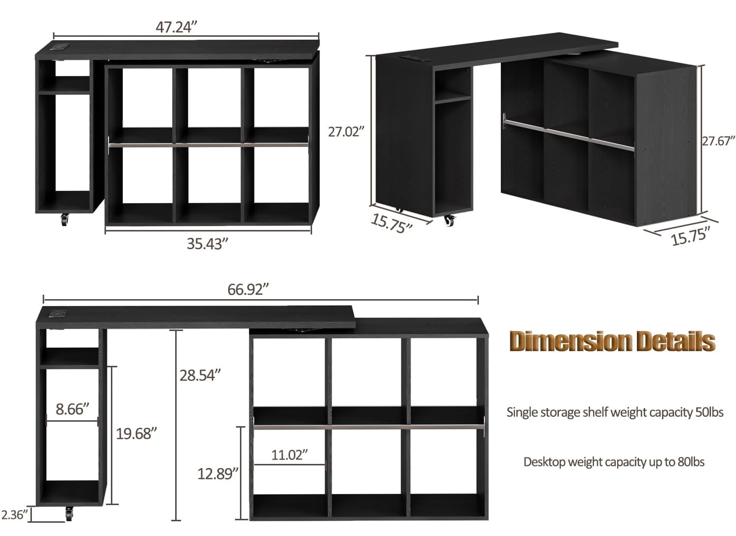 BOSHIRO L-Shaped Rotating Desk with Power Outlets, USB Ports & 6 Storage Shelves, 360° Swivel Computer Desk with Bookshelf for Home Office, Bedroom or Study (Black)