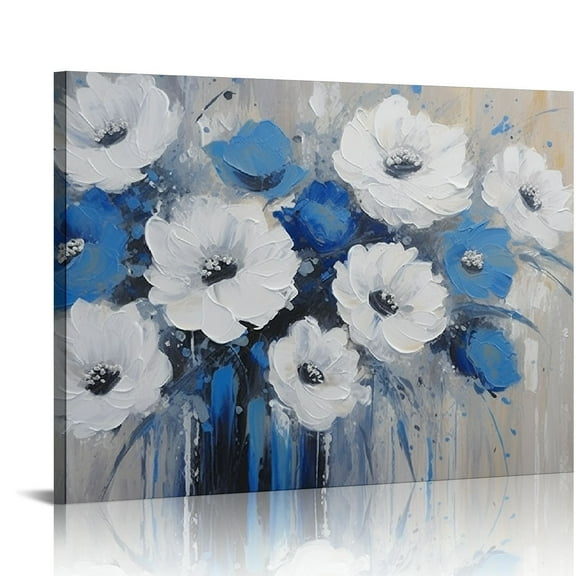 COMIO Flower Canvas Art Wall Decor Large Wall Art Living Room Wall Decor Abstract White Blue Flower Prints Artwork Modern Home Decor Framed Wall Art for Bedroom