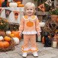 thumbnail image 6 of RUINIXCW Toddler Baby Girl Halloween Outfit Infant Girl Fall Winter Clothes Striped Pumpkin Penter Pan Collar Long Sleeve Shirt Tops Flare Pants Set, 6 of 9
