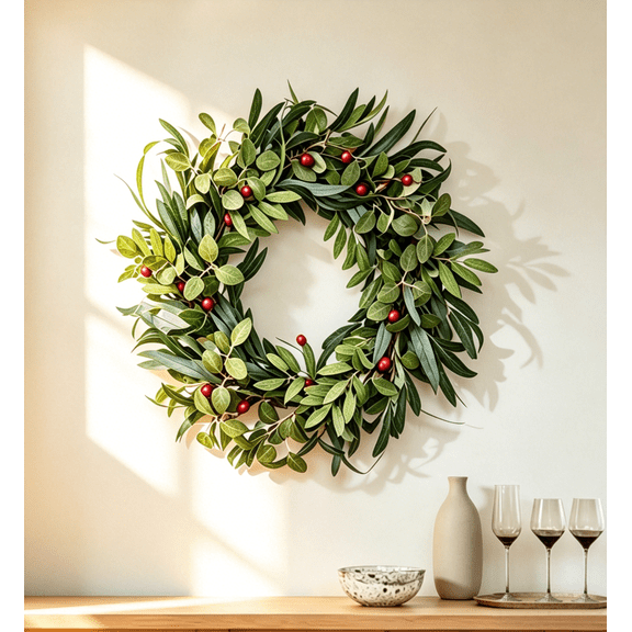 Scidweet Artificial Olive Wreaths for Front Door, 20" Spring Fake Greenery Wreaths with Olive Leaf for for Indoor Outdoor Farmhouse Window Wall Home Wedding Front Porch Decor