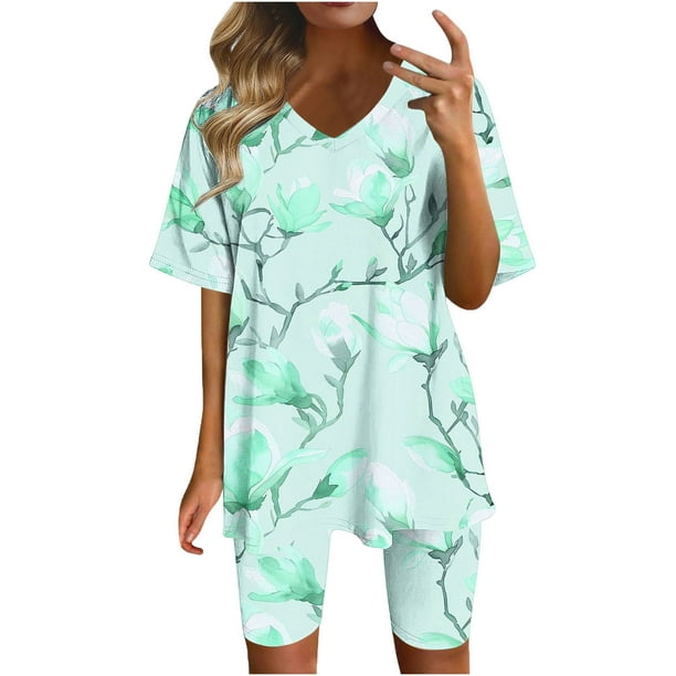 Blusas para las Mujeres Casual Impreso Cuello en V Manga Corta Blusa Pantalones Cortos, Conjuntos de Ropa para las Mujeres