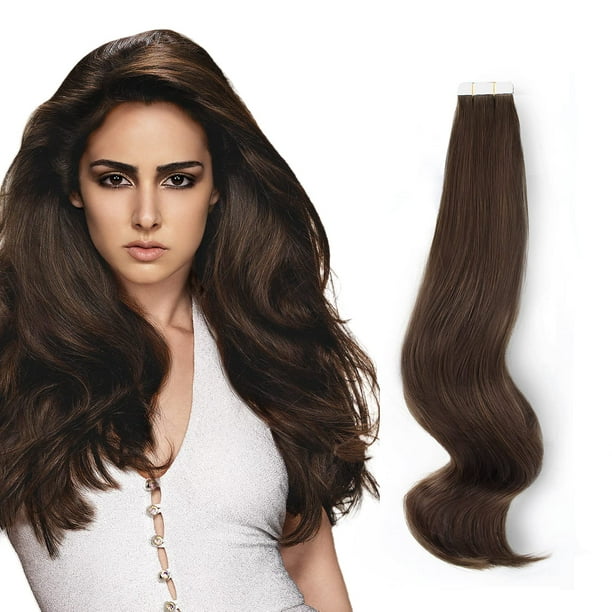ABH AmazingBeauty Cinta semipermanente adjunta Extensiones de cabello humano Real Remi Remy Cinta en 50 g 20 piezas Invisible Sin costuras Reutilizable Trama de la piel Color marrón oscuro 2 20 pulgad