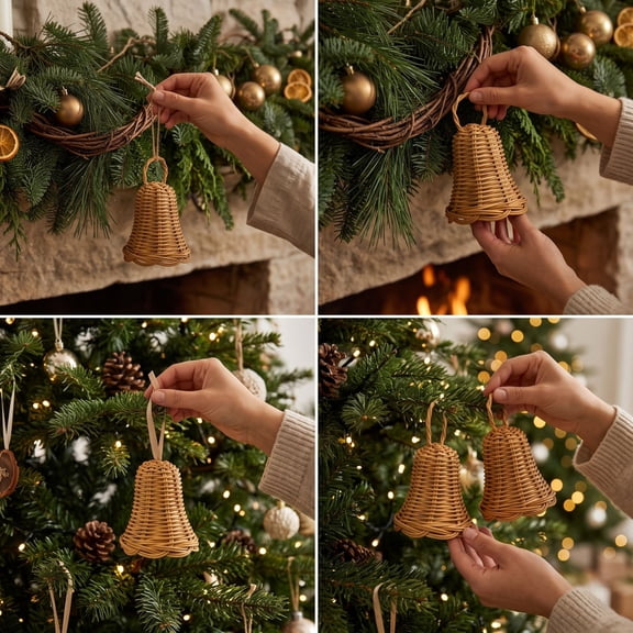 Handwoven Rattan Bells Christmas Ornaments, Natural Wicker Hanging Decor Set of 2, Festive Bell Garland for Tree Fireplace Holiday