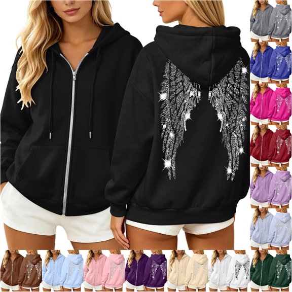 Trendfront Womens Rhinestone Angel Wings Graphic Hoodies Full Zip Long Sleeve Sparkle Back Print Casual Fall Jacket Tops
