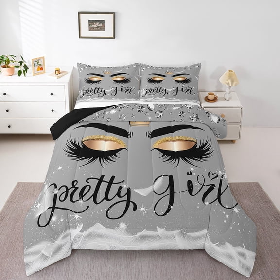 Eyelash Comforter Set Twin Size, Girly Unicorn Eyelash Bedding Women, Elegant Glittering Down Comforter Bling Diomand Crown Duvet Insert with 1 Pillow Case Bedroom Decor, Grey