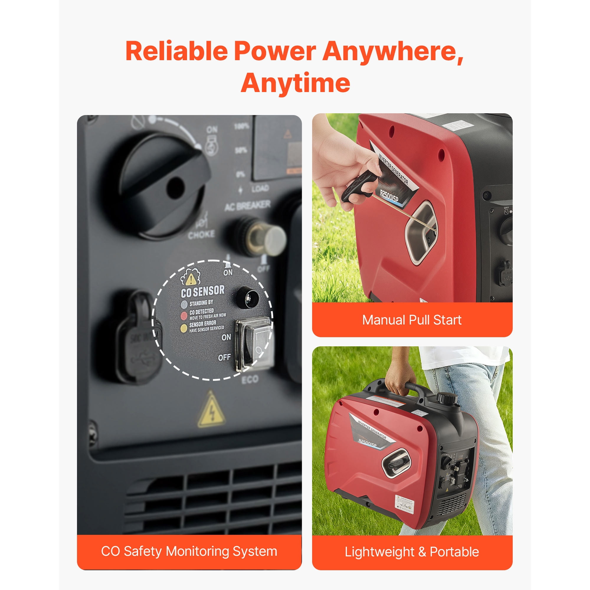 KFFKFF Portable 3000W Peak Watt Inverter Generator, Quiet and Gas-Powered, Ideal for Home Use, Compact Design with Stable Power Output, CO Sensor, and Extended Operation Time