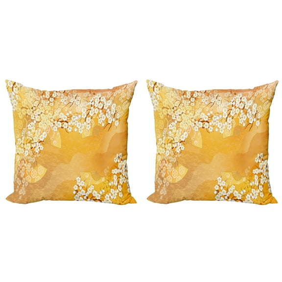 Ambesonne Japanese Throw Pillow Cover 2 Pack, Cherry Blossoms Layout, 16", Marigold and Cream