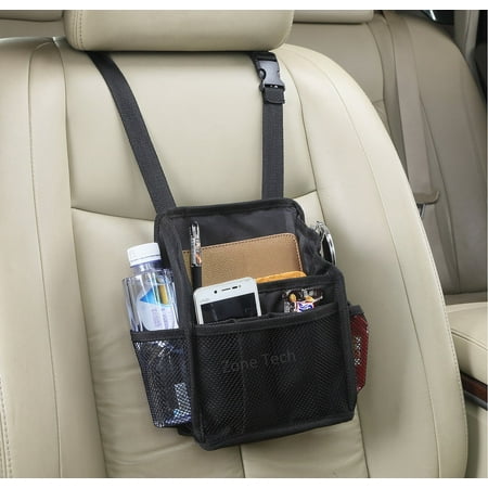 Item Holder - Zone Tech 7-Pocket Organizer - Black Sturdy Rugged Pack Cloth Compact Car Back Seat Headrest Organizer Vehicle Item Storage Holder