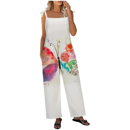 

JURANNMO Women s Wide Leg Jumpsuits Sleeveless Floral Printed Overalls Lightweight Adjustable Knot Long Playsuit with Pockets