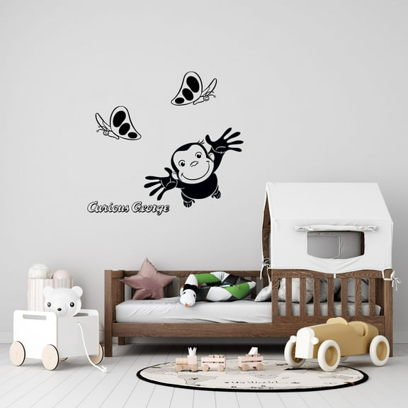 Vinyl Adhesive Curious George Story Wall Art Decal | 17" x 20" Kids Bedroom Nursery George Catching Butterflies Art Decor Design - Removable Home Decoration Sticker - Black