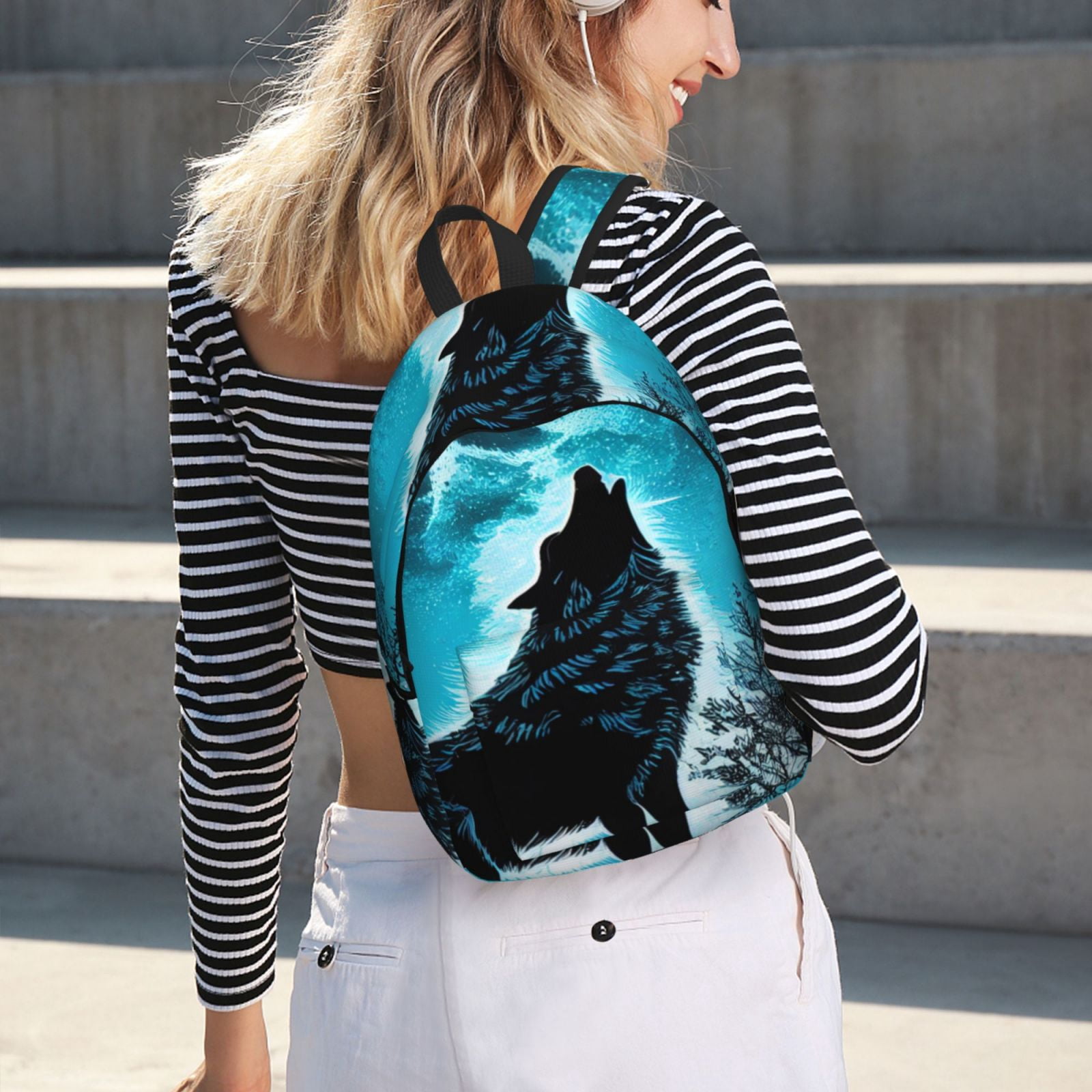 Kuqiui Blue Full Moon Wolf Print Canvas Travel Laptop Backpack for Men Women,Business Work Rucksack College School Computer Bag Fits 15.6 Inch Notebook