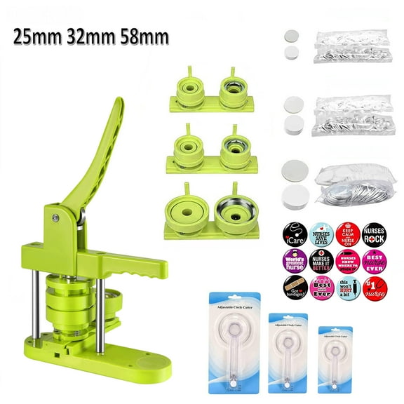 VIFERR DIY Button Maker Machine Multiple Sizes 300Pcs, Aiment Photo Pin Badge Maker 1 1.25 2.25 inch for Kids, Button Press Machine Button Making Supplies & Cutter & Magic Book (Green, 25/32/58mm)