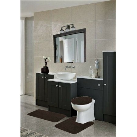 Complete 3 piece brown color bathroom set bath mat  contour  and lid cover  with rubber backing #6