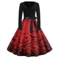 thumbnail image 2 of Halloween Dresses for Women Spider Bat Long Sleeve 1950s Hepburn Casual Dress V Neck Cocktail Funny Vintage Tea Length Dress with Belt XL, 2 of 5