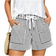 thumbnail image 3 of Women's Solid Color Striped Drawstring Elastic Waist Pants with Multi-Pockets, Soft Polyester Shorts for Casual Summer Travel & Active | TruBelle,Black L, 3 of 6