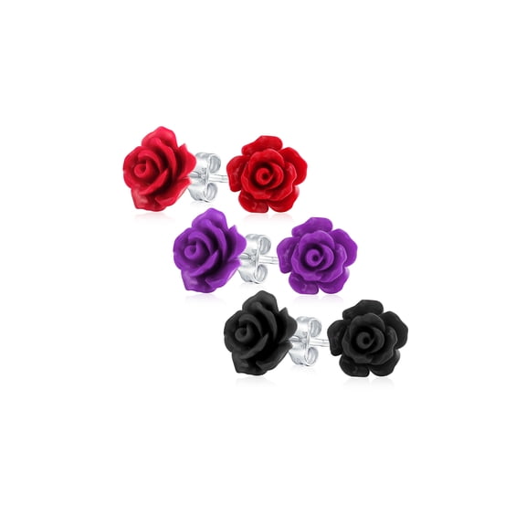Bling Jewelry Womens Romantic Set of 3 Floral 3D Carved Red, Purple, Black, Rose Flower Stud Earrings 10MM